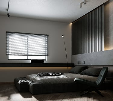 Media room with a wall-mounted TV, sleek media console, and modern seating arrangement.