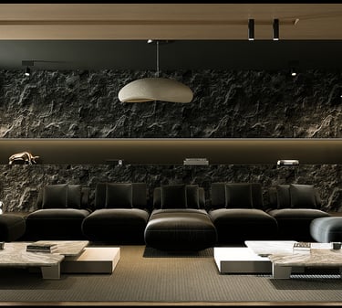 "Luxury lounge area with dark stone walls, plush seating, and elegant lighting fixtures."