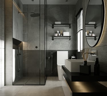 "Contemporary bathroom with a walk-in shower, floating vanity, and round mirror."