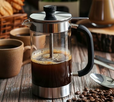 une cafetière à piston avec deux tasses et des grains de café
