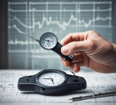 Exemple visuel : Une main gantée tenant un micromètre de précision (outil de mesure) avec, en arrièr