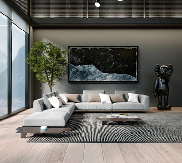 Modern minimalist living room with a grey sectional sofa, KAWS sculpture, and large abstract wall art.