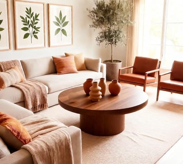 Fresh botanical living room with green accents, potted plants, and light wood furniture