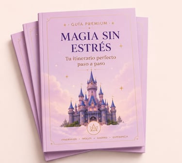 Magia Sin Estrés Disney travel guide book with a purple cover and fairytale castle illustration.