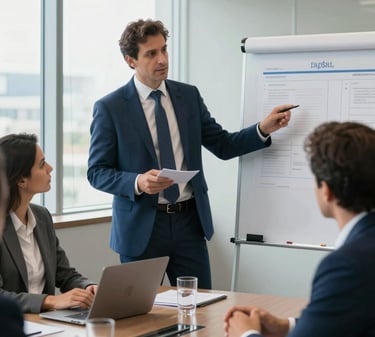 A professional business consultant in formal attire presenting a strategic plan to executives in a bright, modern conference room in Brazil. The atmosphere is confident and collaborative with natural lighting coming through large windows. The palette features slate blue and light grey tones in a South American / Brazilian corporate setting.