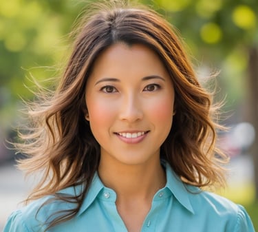 Professional woman smiling confidently outdoors in natural light.