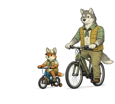 A wolf scout leader riding next to a fox scout on a bike with training wheels.