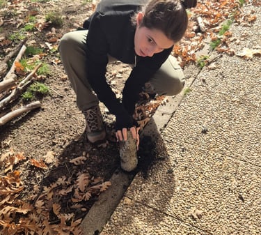 Taller del agua, machacando carbón para hacer un filtro