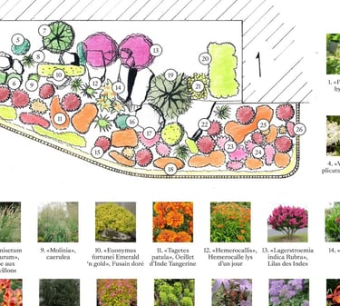 Plan de repartition d'un grand massif fleuri dans les tons rose et orangé avec des arbustes