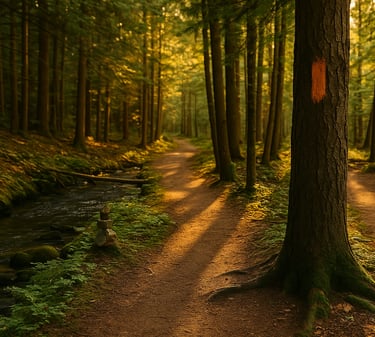 Trail marked with orange blaze on tree in forest, showing hiking route identification and trail safety