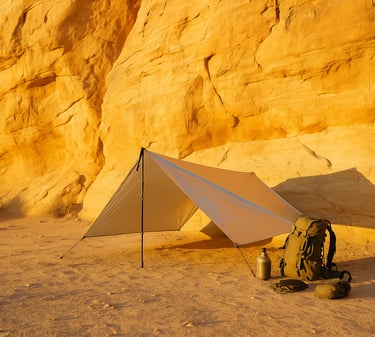 Tarp shelter set up against red rock in arid landscape with backpack and survival gear