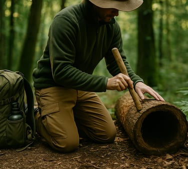 Man kneeling in forest hammering wood into emergency whistle for wilderness signaling