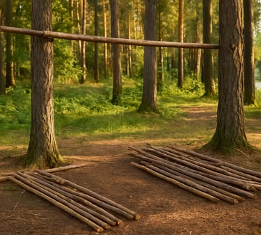 Forest floor prepped with logs and poles to begin raised survival shelter construction in wooded clearing