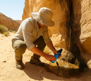 Man collecting water in desert canyon with filter for hydration and survival preparedness