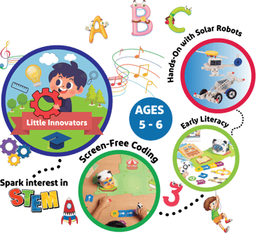 Little Innovators (5-6) flyer: Screen-free coding, solar robot, playful STEM learning.