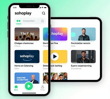 A vibrant digital lifestyle ecosystem showing diverse people enjoying entertainment on multiple devices.
