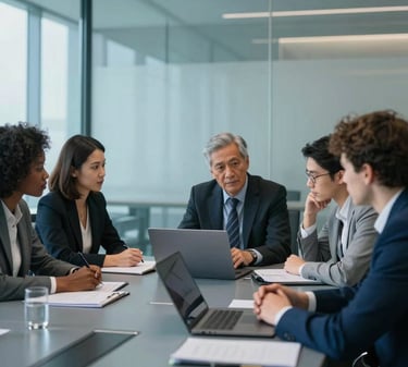 A diverse group of IT professionals in a sleek, glass-walled conference room. They are engaged in a professional discussion over a slim laptop. The environment is lit with bright, cool light, incorporating slate blue and dark navy tones.