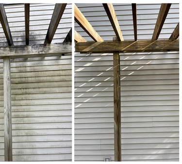 Before and after pressure washing siding and wooden pergola beams