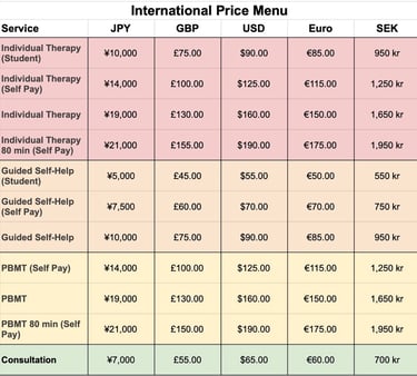 LivFull Psychology Price Menu