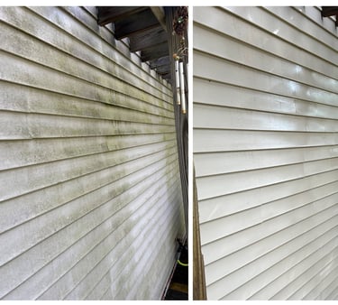 Before and after pressure washing vinyl house siding