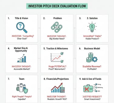 Slide-by-slide pitch deck structure showing how investors evaluate each section of a startup present