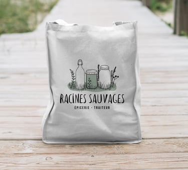Mockup-tote bag identité Racines sauvage - épicerie traiteur -par Soleado studio