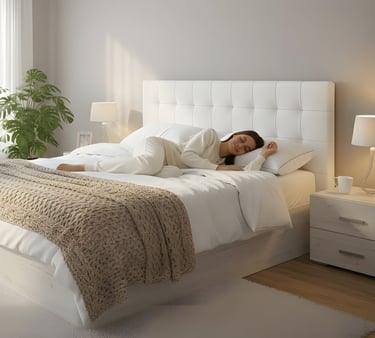 a woman laying on her bed in a bedroom