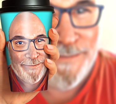 Mark Gillan on a coffee cup and same image in the background