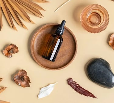 homeopatic remedy in a bottle around the bottle arrangement of natural decorations