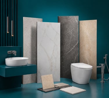 Modern bathroom design featuring marble porcelain tiles, a white vessel sink, and a sleek floor-mounted toilet.