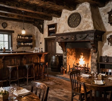 Rustic wine bar interior featuring a stone fireplace with a roaring fire, wooden beams, and bar stools.