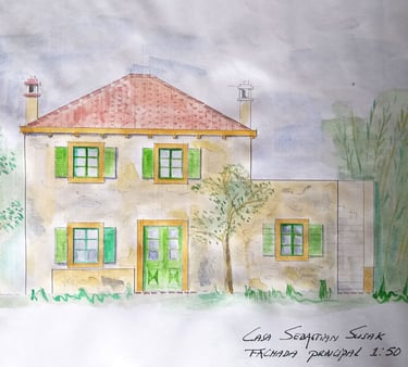 Aquarela da facahad da ruina em Susak, Croácia a ser refomada