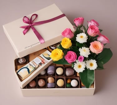 Close-up of a vibrant Sonik Box filled with flowers, chocolates, and a handwritten note