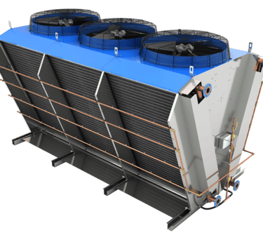 Industrial V-shaped adiabatic cooler with three top-mounted fans.