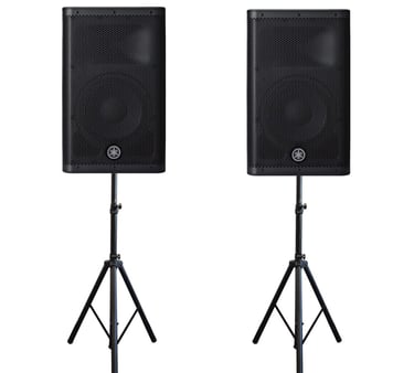 two PA speakers on stands