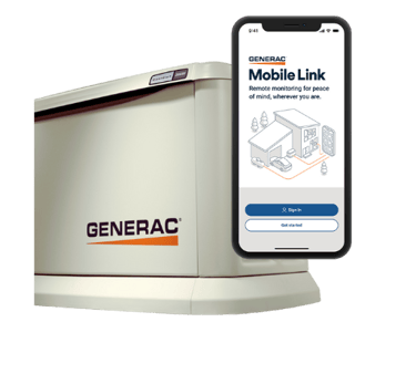 A generac generator showcasing a cell phone with the mobile-link app