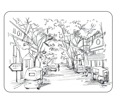a drawing of a street scene with a car
