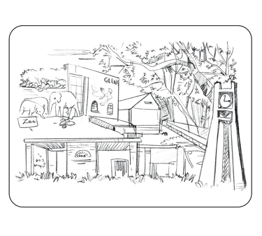 a drawing of a house with a dog on the roof