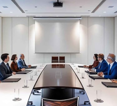 pessoas reunidas em ampla sala de diretoria com grande mesa ao centro tela  eletrica e projetor 