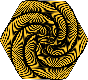 Um hexágono amarelo com um espiral no centro. O símbolo forma o logo do grupo S.V. Lab. de teatro. 