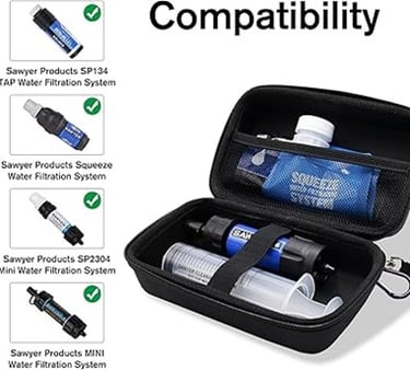 Black hardshell carrying case showing compatibility with Sawyer Squeeze, Mini, and Tap water filtration systems.