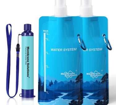 Portable personal water filter straw with two collapsible squeeze pouches for hiking and emergency kits.