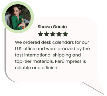 Desk calendar review from U.S. client praising fast international shipping and premium materials.