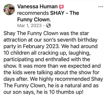 "Shay The Funny Clown made our son's 7th birthday a blast! The kids laughed, joined in, and loved it