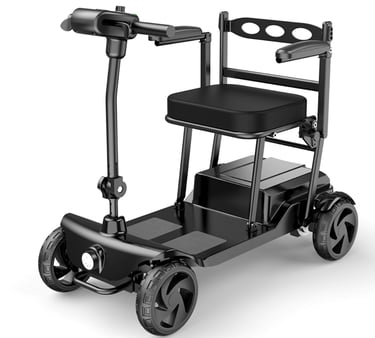TOBY foldable travel mobility scooter with sleek black frame and front LED headlight