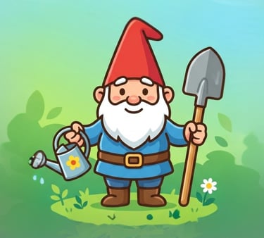 Cute cartoon garden gnome with a red hat holding a watering can and shovel.