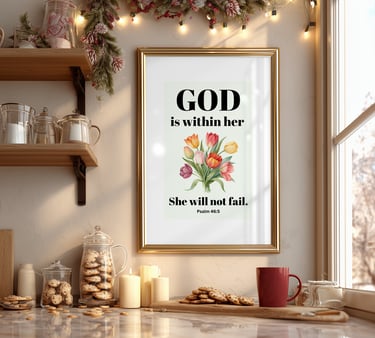 Framed Psalm 46:5 wall art in a cozy kitchen with cookies, candles, and festive holiday greenery.