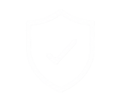 White outline of a security shield icon with a checkmark on a black background.