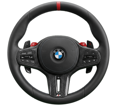 BMW M Performance carbon fiber steering wheel with red center stripe and M buttons.