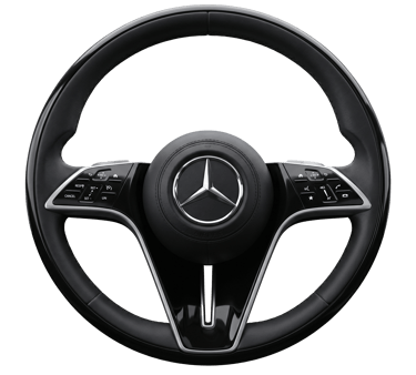 Black leather Mercedes-Benz steering wheel with silver accents and multifunction controls on a black background.